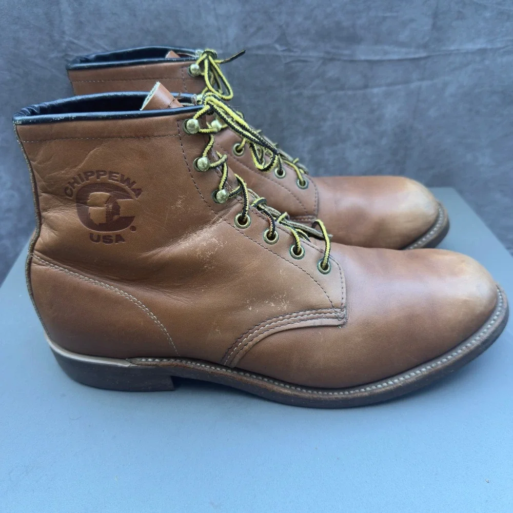 Chippewa USA Tan Leather Work Boots Size 10 Men's Brown Lace Up
